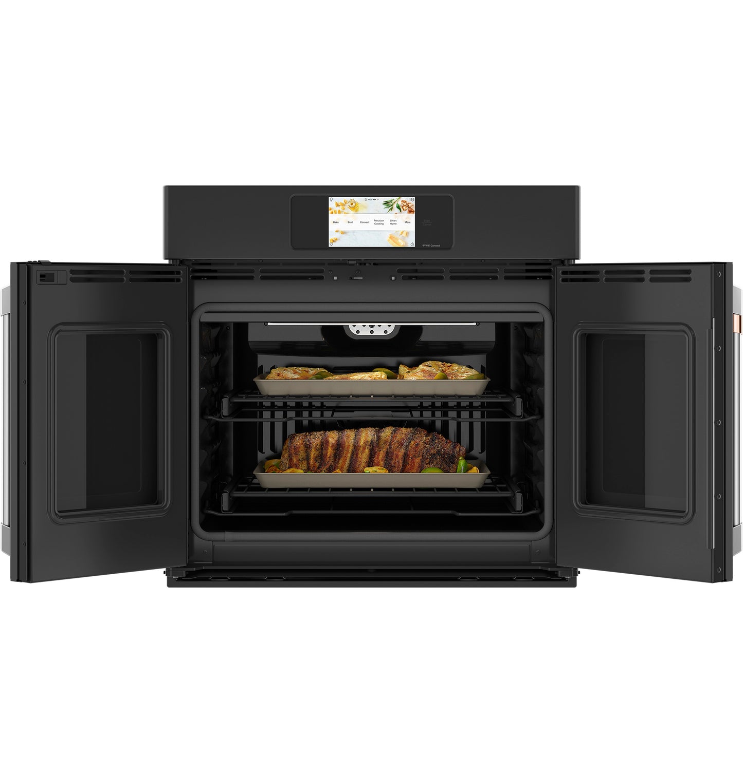Black built-in convection wall oven with dual French doors open showing roast and side dishes inside in kitchen appliances collection