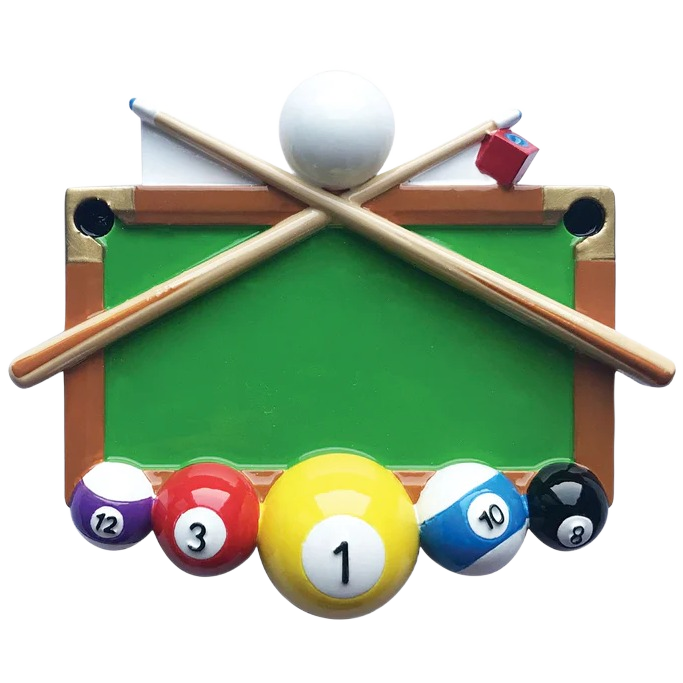 Green billiards table ornament with crossed cues and numbered balls for Christmas Ornaments & Tree Decorations collection