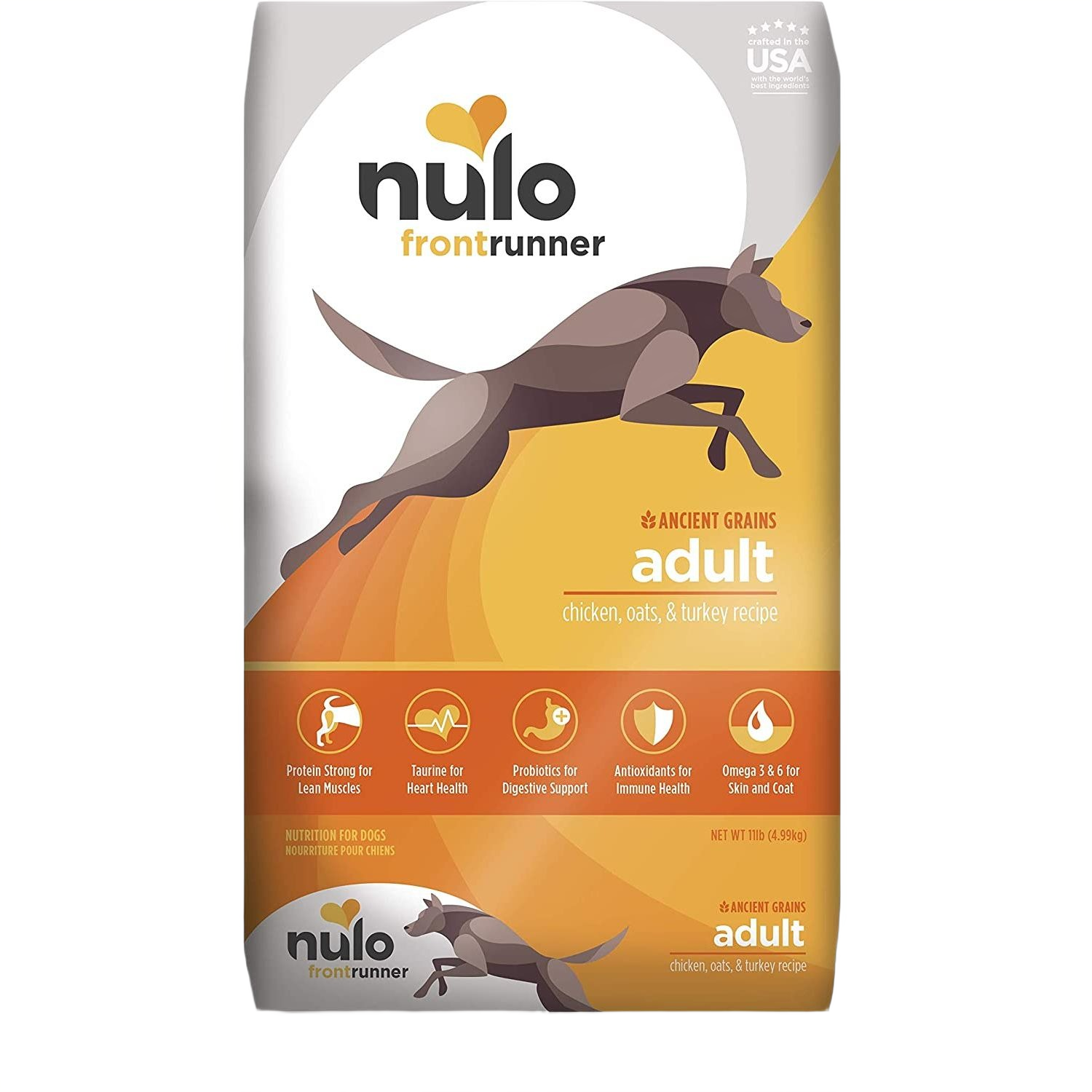 11 lb bag of Nulo dry adult dog food with chicken, oats, and turkey recipe featuring digestive and immune support benefits