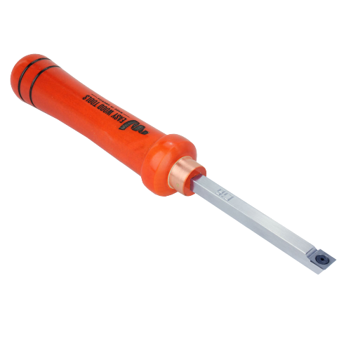 Woodworking hand tool with orange handle and small carbide cutting blade for precision shaping tasks