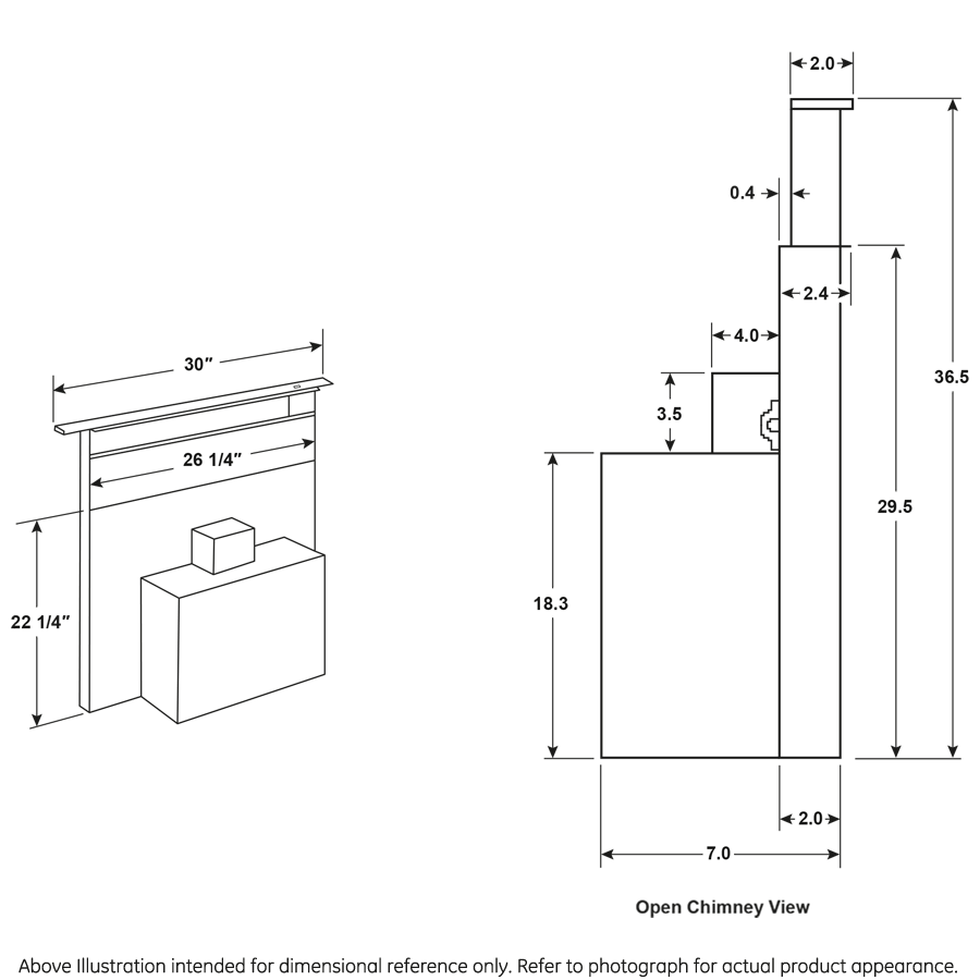 Line drawing with measurements of a 30-inch telescopic downdraft system for kitchen and over the range hood installations