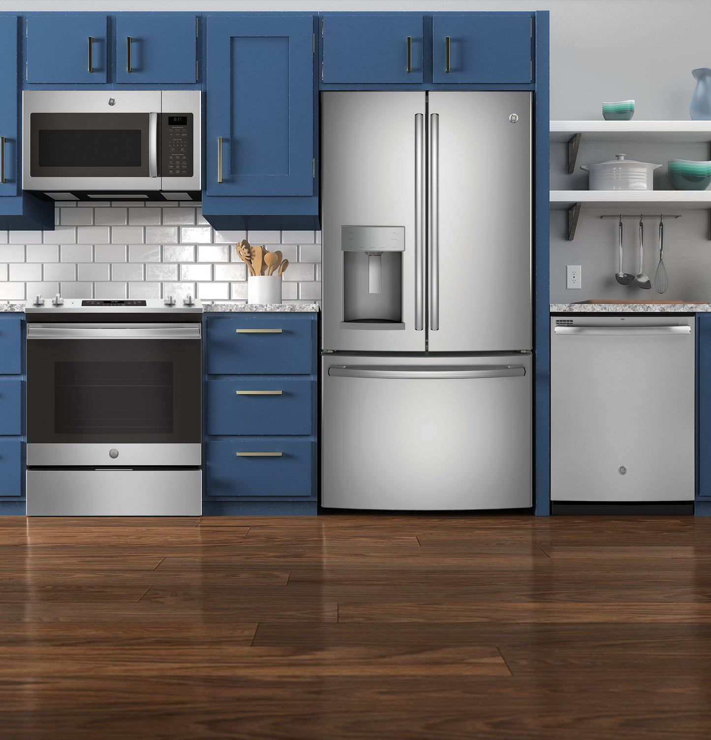 Stainless steel over-the-range sensor microwave with blue cabinetry, electric range, French door refrigerator, and dishwasher in kitchen setup