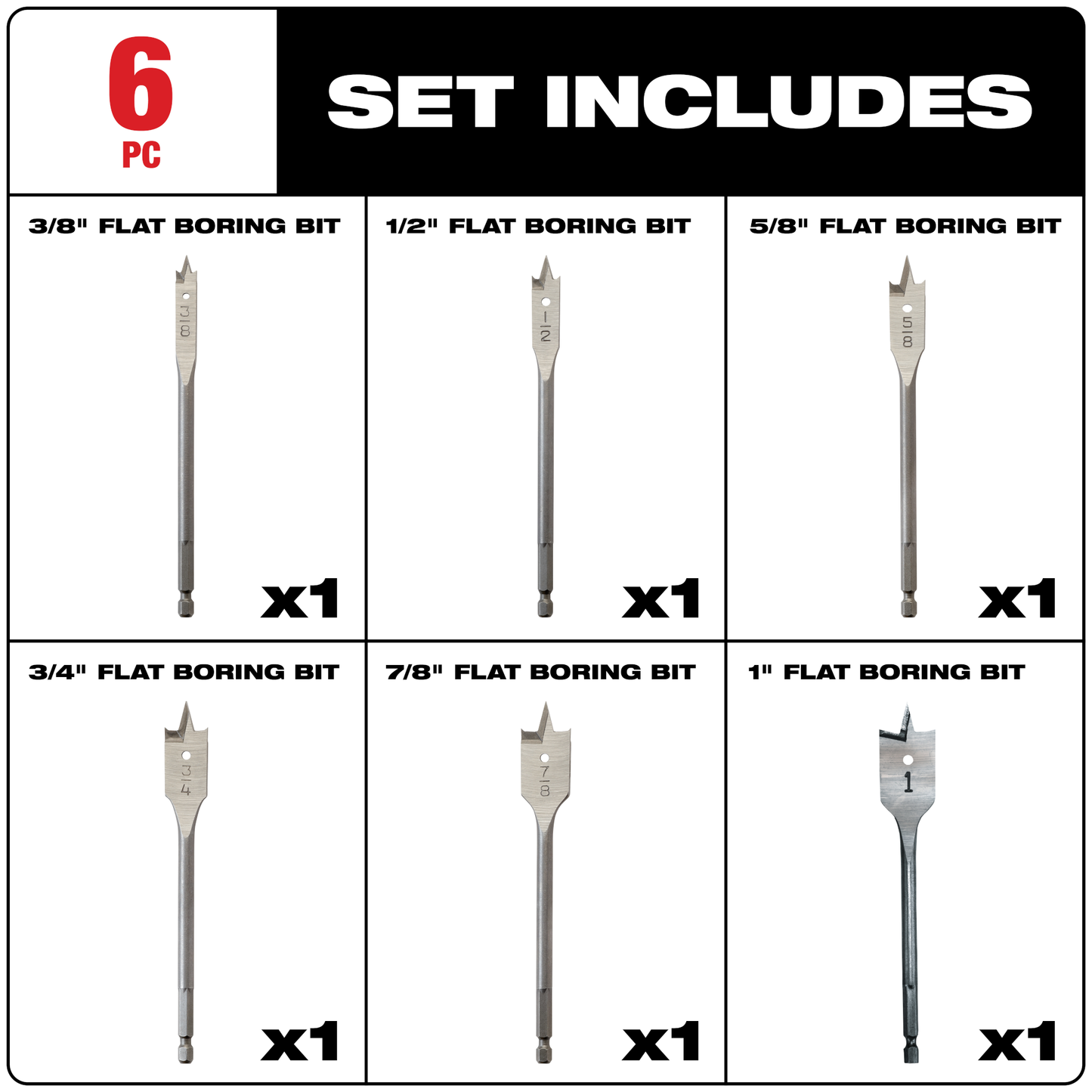 Milwaukee 6PC Flat Boring Bit 6" Universal Set