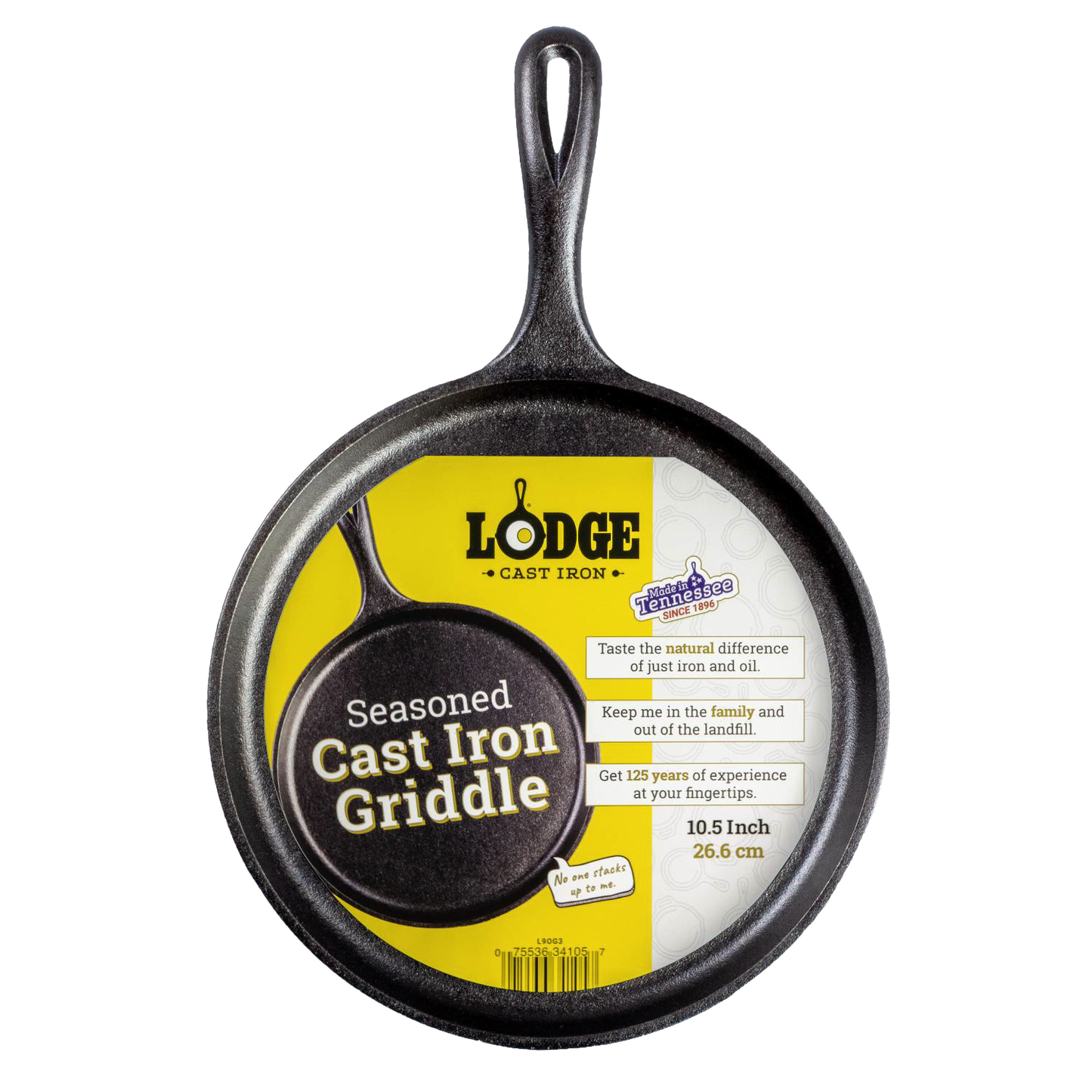 Round 10.5-inch pre-seasoned cast iron griddle from Lodge, durable cookware for kitchen and outdoor cooking use