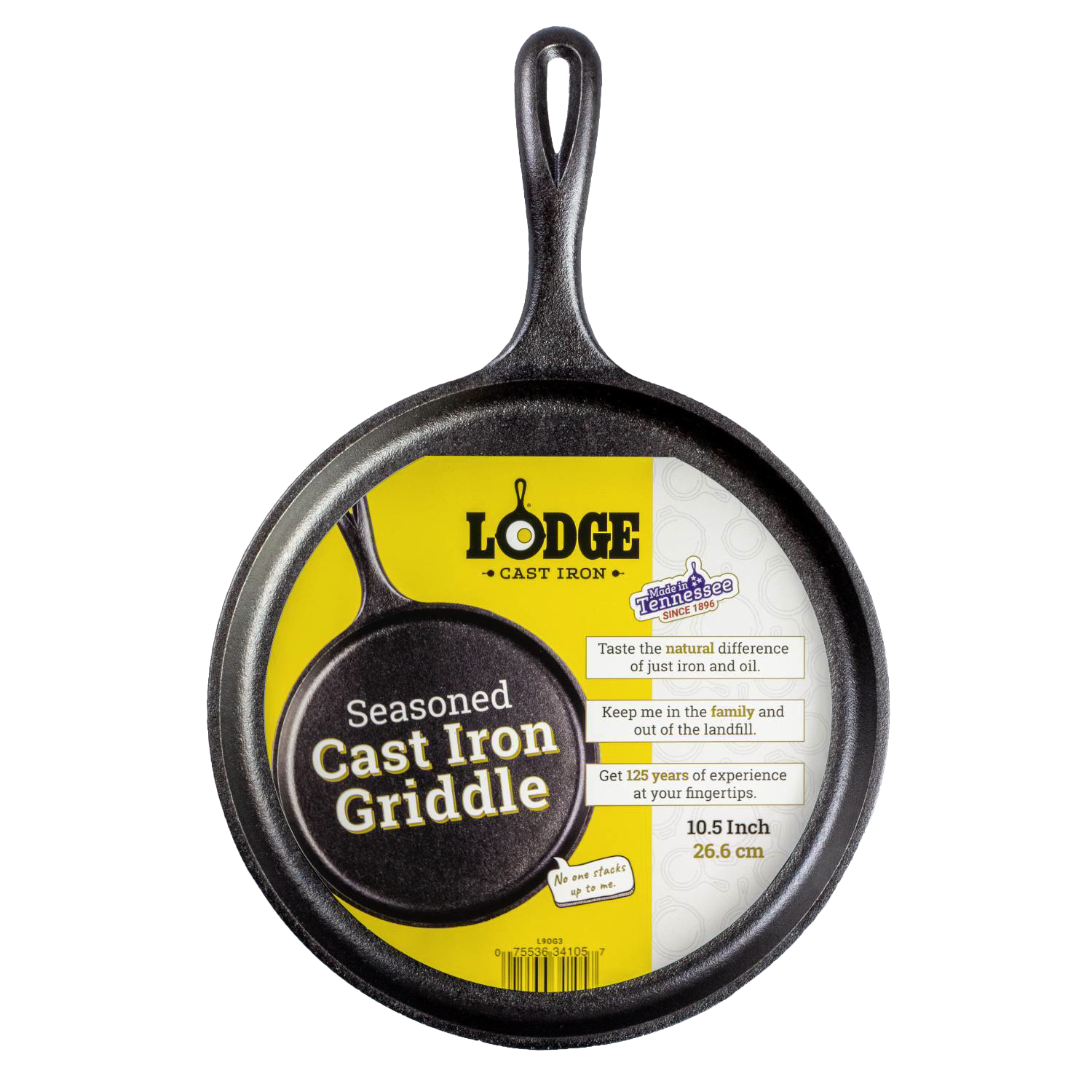 Round 10.5-inch pre-seasoned cast iron griddle from Lodge, durable cookware for kitchen and outdoor cooking use