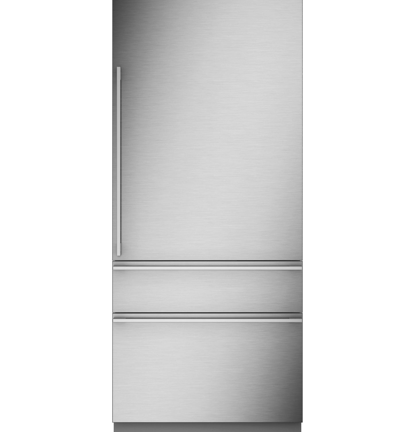 Brushed stainless steel integrated refrigerator with two bottom freezer drawers and sleek vertical handle in kitchen appliances