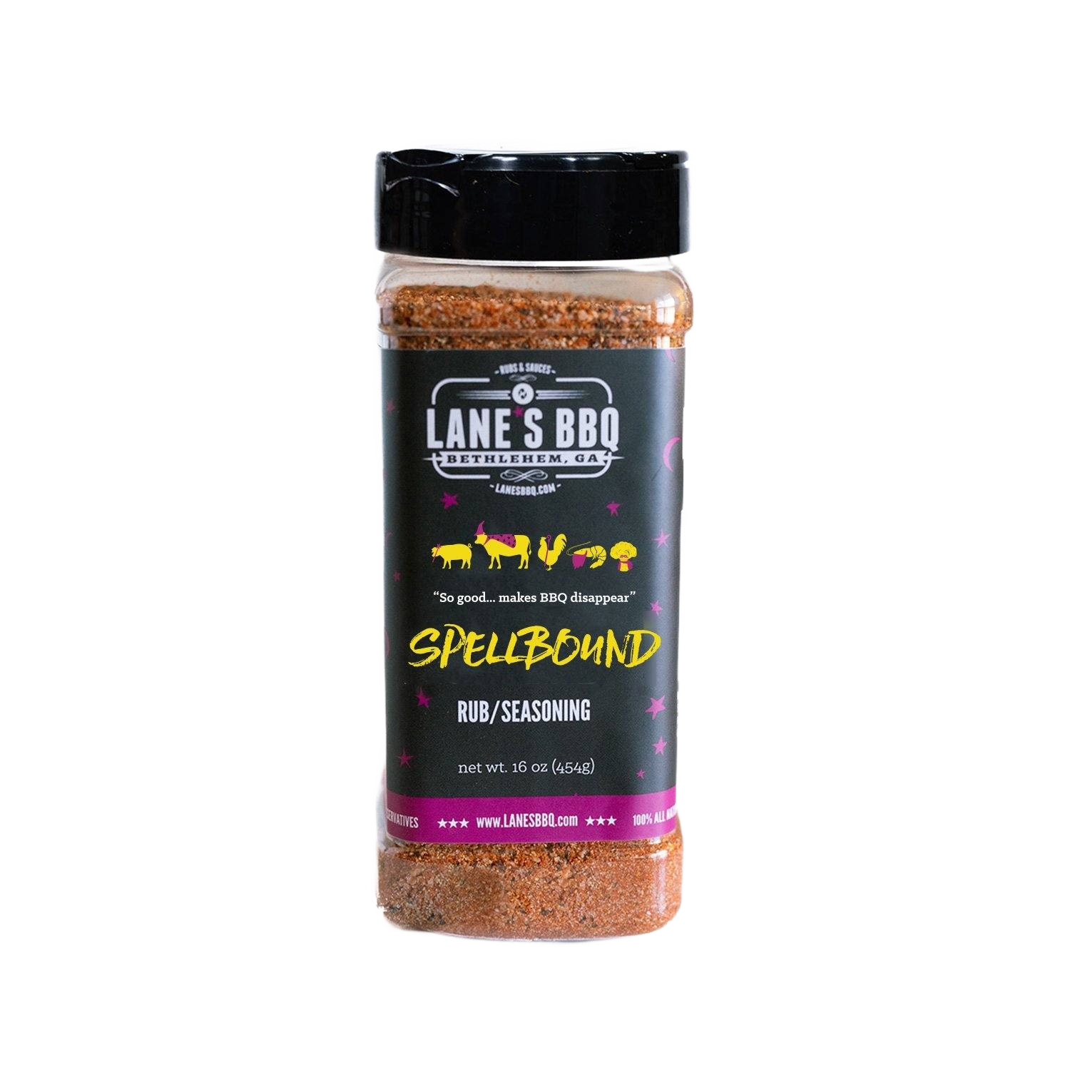 Plastic bottle of Lane's Spellbound Rub seasoning with black label and yellow text for grilling and BBQ collections