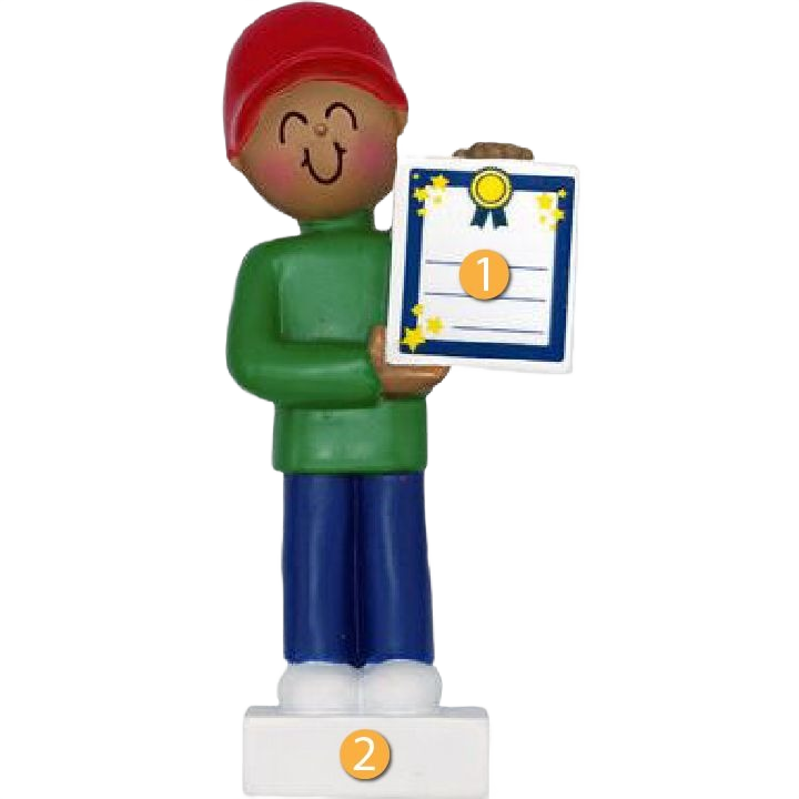 Handcrafted African American boy figurine in red hat holding award certificate for Christmas Ornaments & Tree Decorations collection