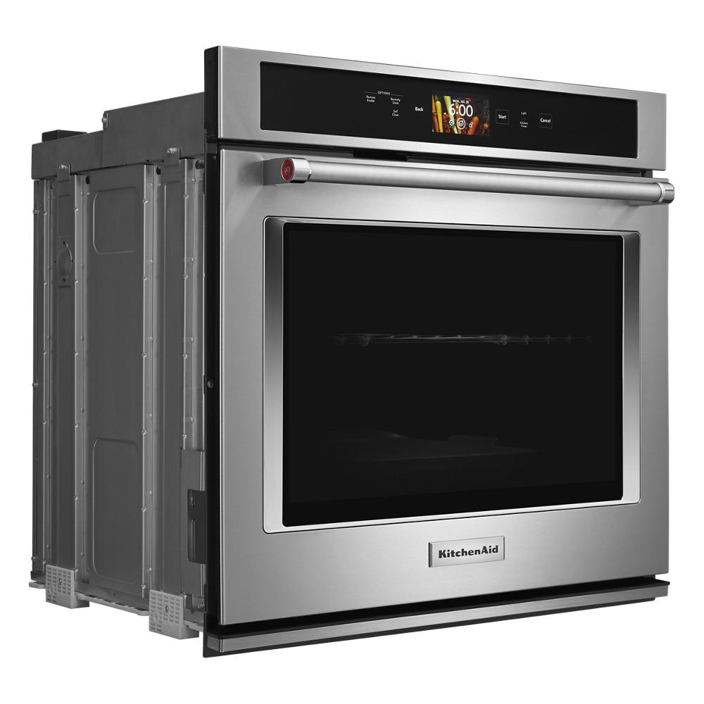 Stainless steel wall oven with digital touchscreen and large window, part of KitchenAid single wall ovens collection