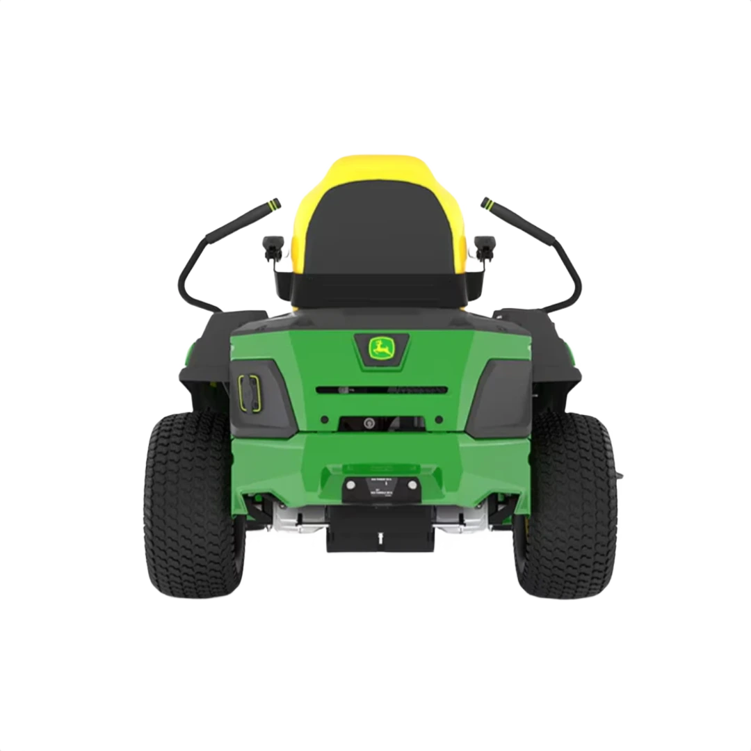 Rear view of green and yellow ride-on mower with wide tires and ergonomic seat for home lawn care tasks