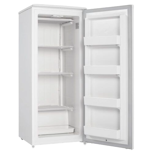 White upright freezer with open door showing three shelves and inside door storage compartments