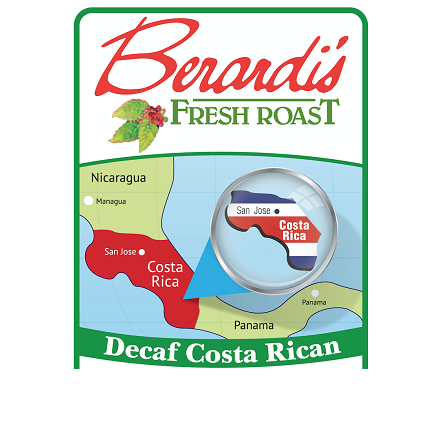 Map highlighting Costa Rica with a magnifying glass emphasizing the San Jose region for decaf coffee branding