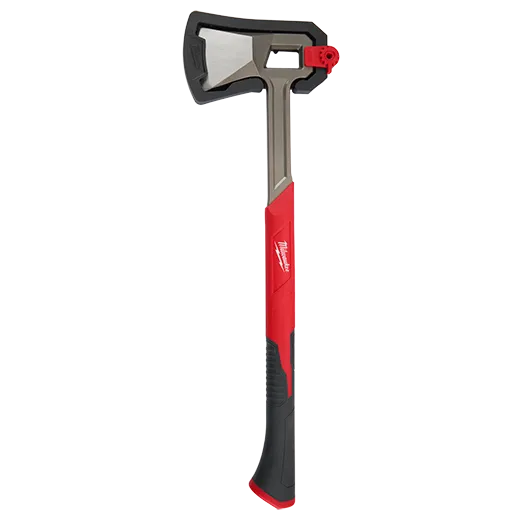Red and black Milwaukee splitting axe with ergonomic handle and sharp metal blade for tools and home improvement tasks