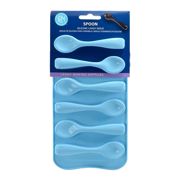 Flexible blue silicone mold with six spoon-shaped cavities for candy making in kitchen gadgets and cooking utensils collections