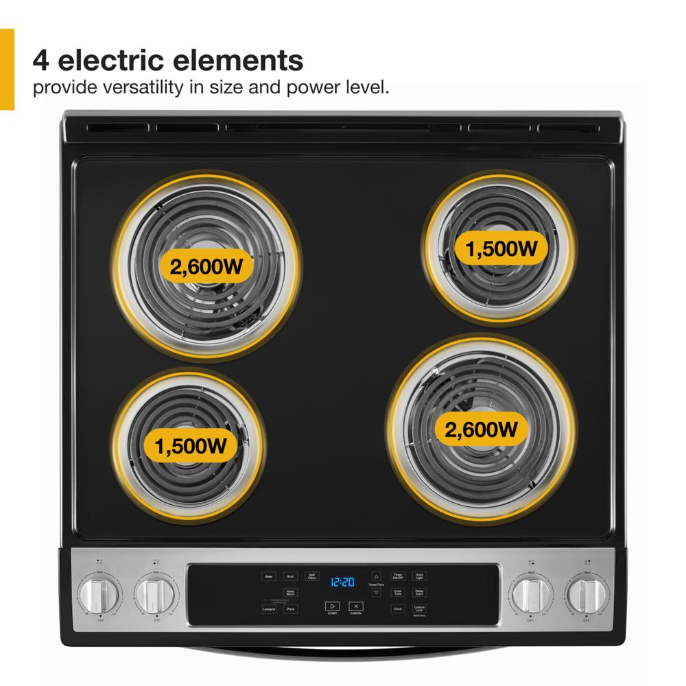 Top view of black electric range cooktop with four coil burners rated 1500W and 2600W, control panel below in appliance setting