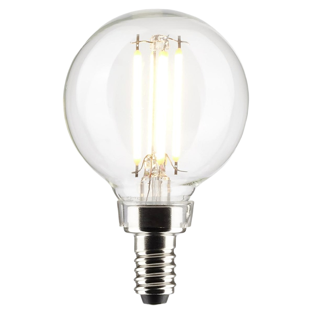 Clear spherical LED bulb with candelabra base and vertical filament tubes for energy-efficient home lighting and electrical use