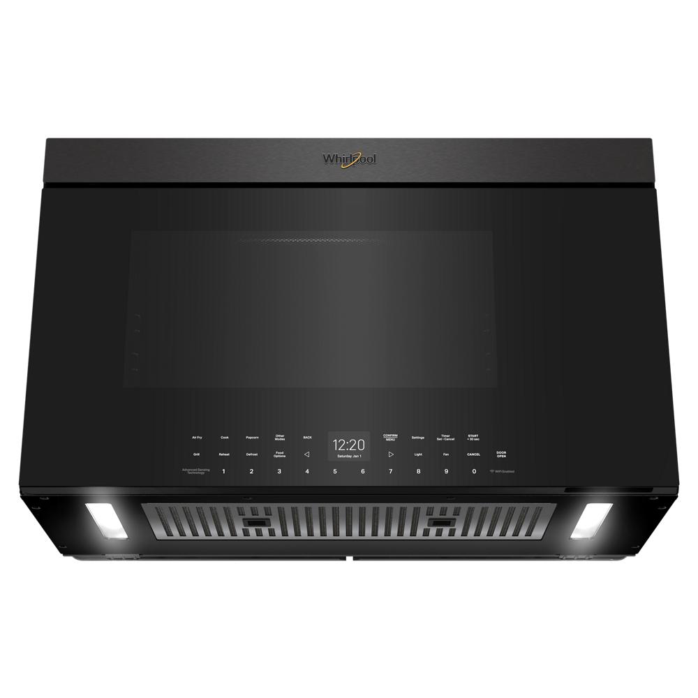Black Whirlpool air fry over-the-range microwave with digital controls and interior lights in Over the Range Microwaves at Hartville Hardware