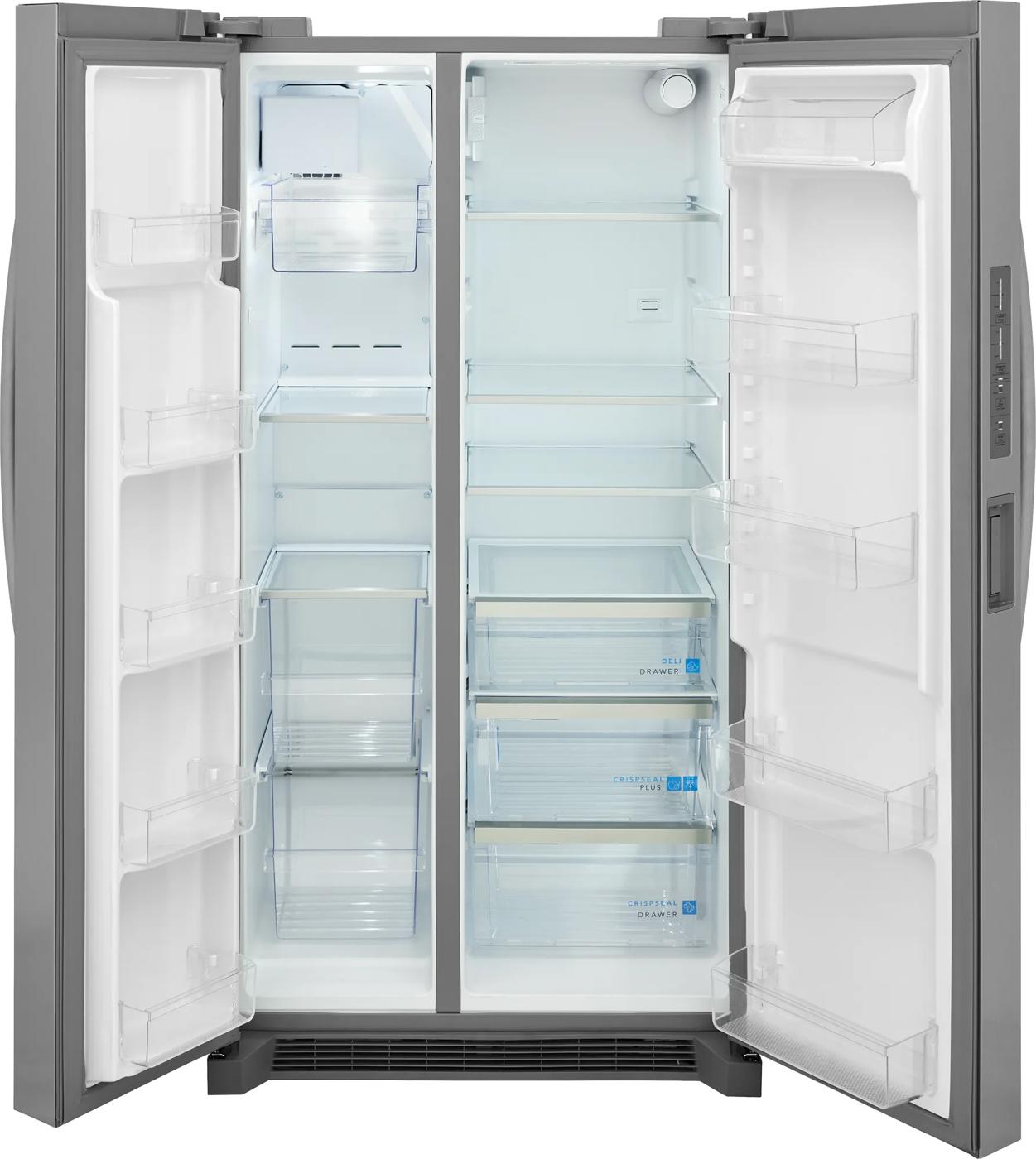 Open stainless steel side-by-side refrigerator with spacious shelves, clear crisper drawers, and door storage from Appliances collection