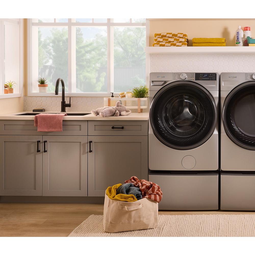 Matte silver front-load smart washer and dryer set with digital controls in Washers & Dryers and Appliances collections