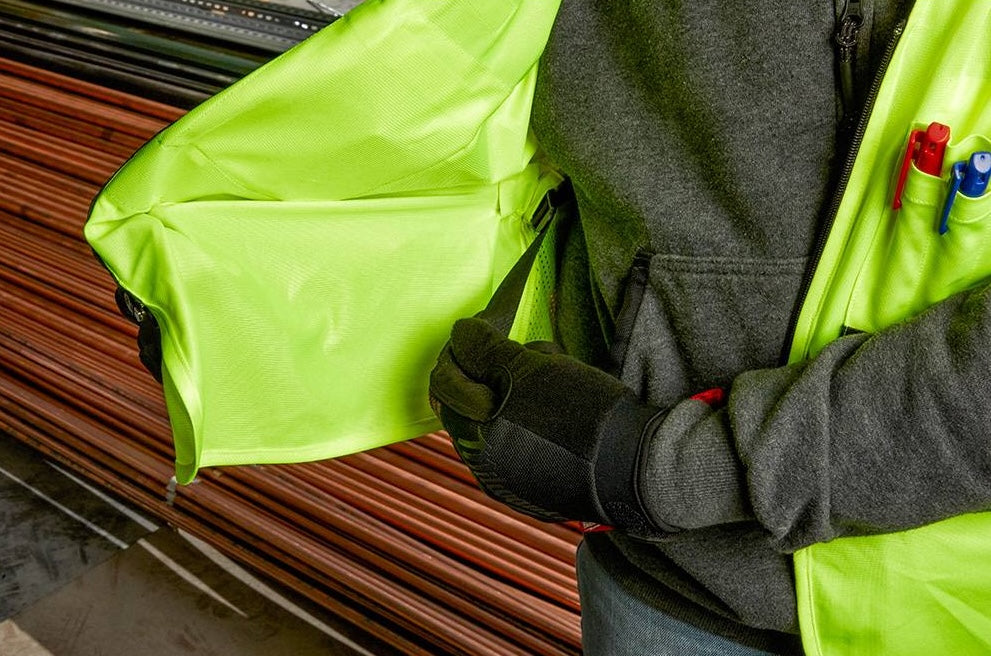 Bright yellow high visibility Class 2 safety vest with multiple pockets, ideal for hardware and safety gear collections