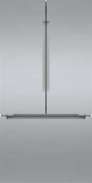 Closed stainless steel French door bottom-mount refrigerator with anti-fingerprint finish in modern kitchen setting