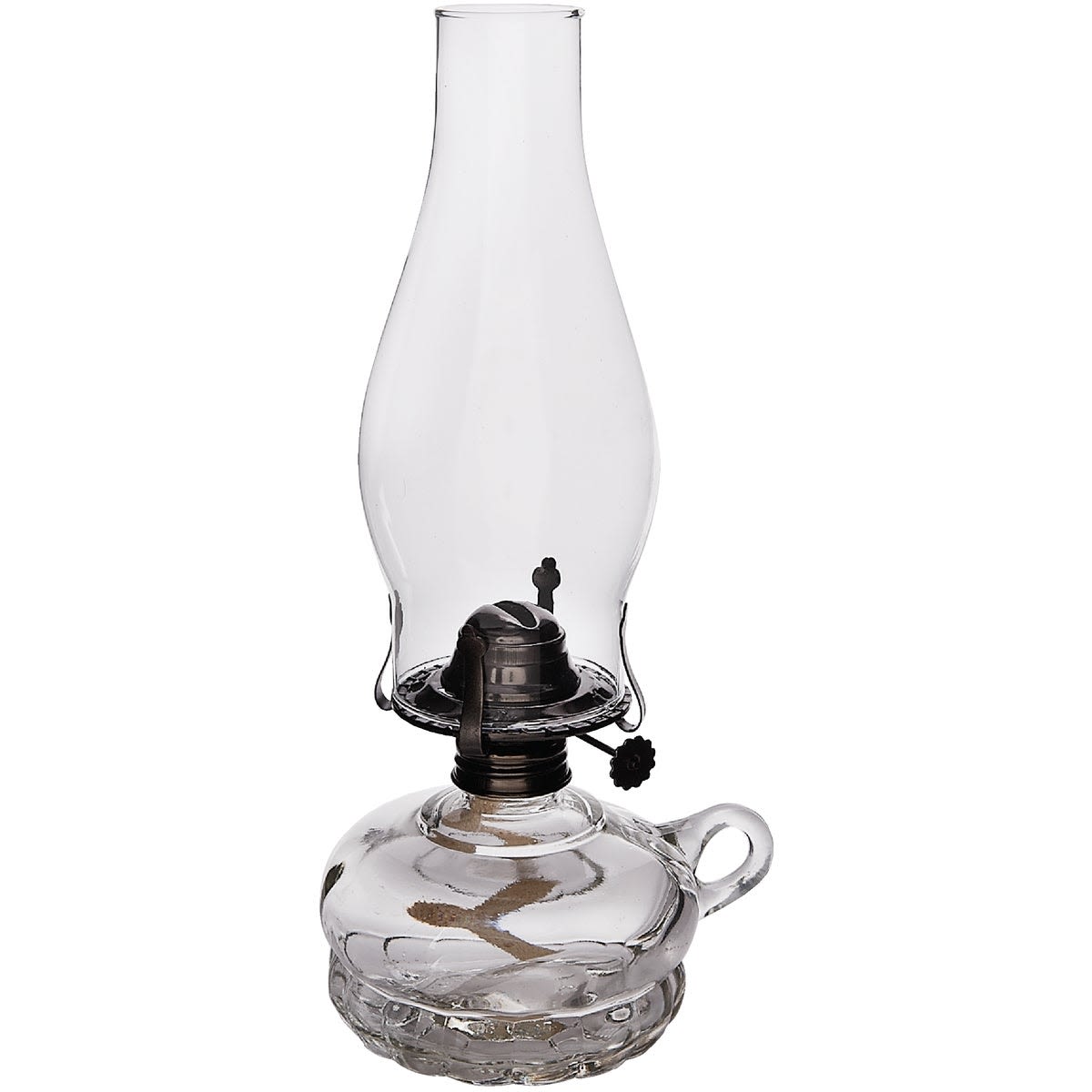 Clear glass oil lamp with beaded base and fin, suitable for home decor and lighting under $50 collections