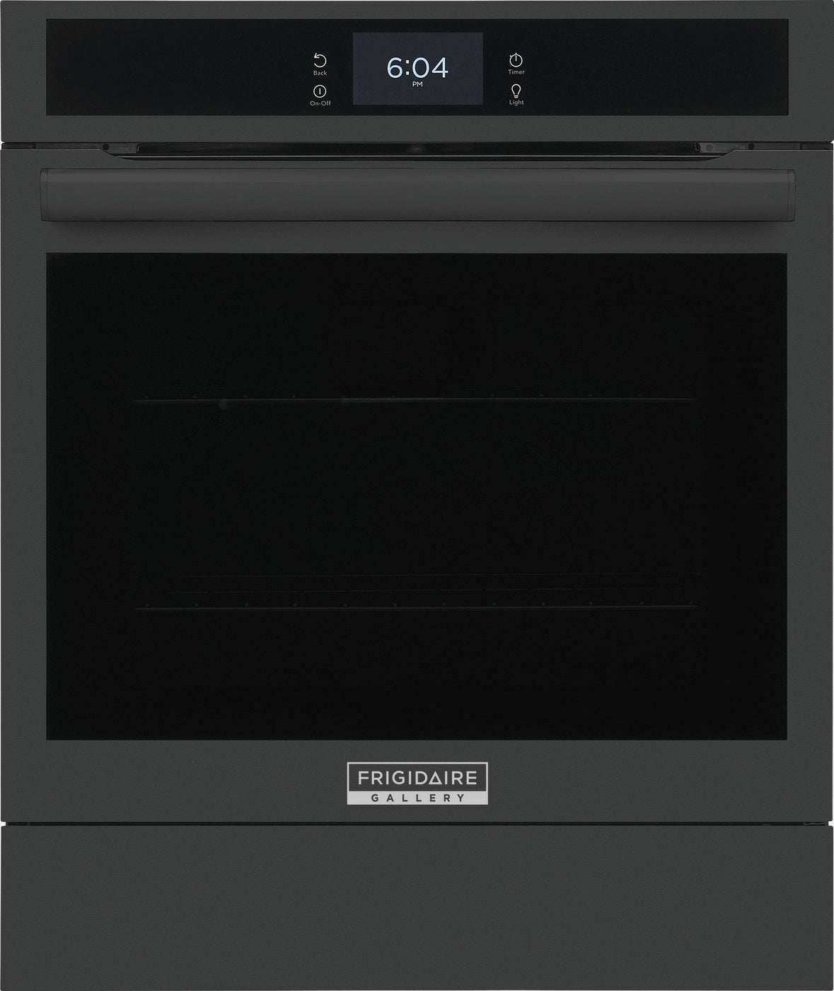 Black electric wall oven with digital display and stainless steel handle in kitchen appliances and wall ovens collection