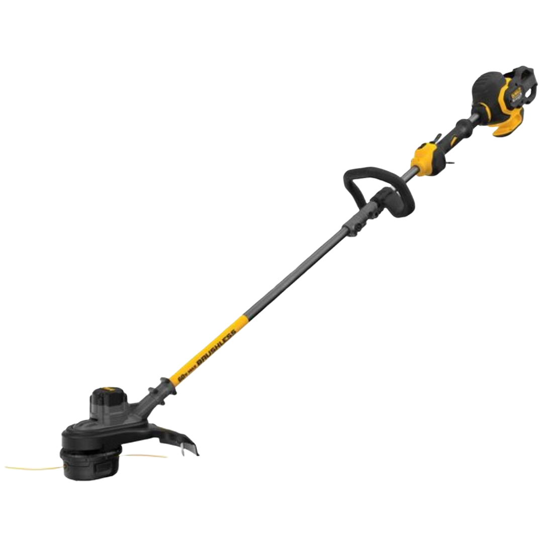 Yellow and black cordless string trimmer with ergonomic handle for efficient lawn maintenance and home improvement tasks