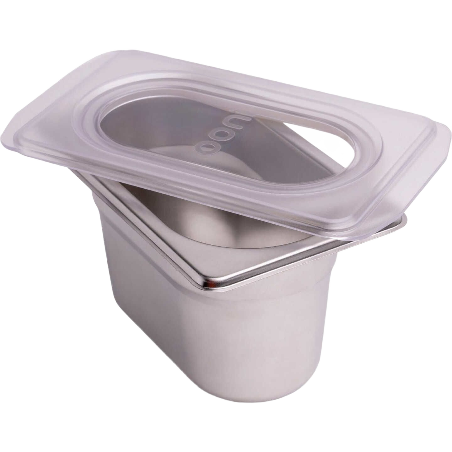 Stainless steel pizza topping container with clear vented lid for organized outdoor grilling and food prep areas