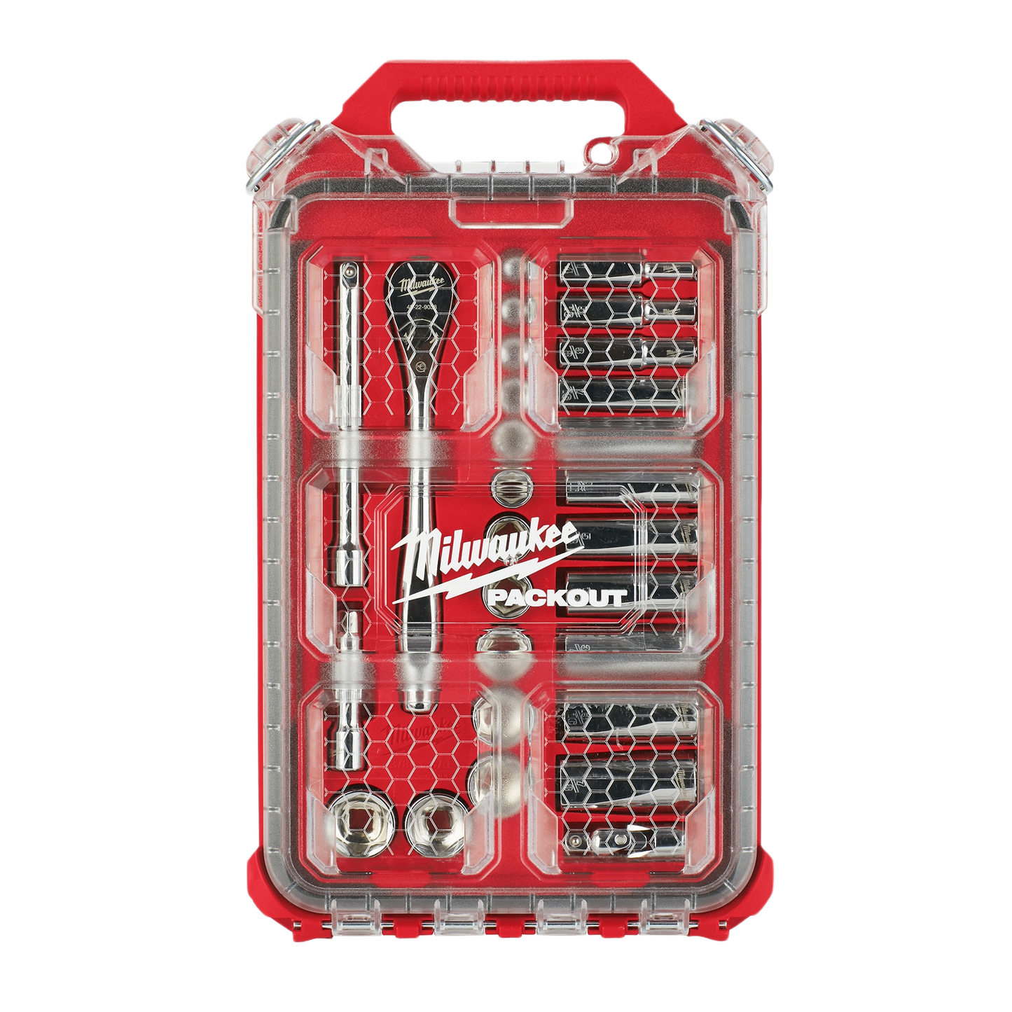 Compact red PACKOUT tool organizer with ratchet, extensions, and multiple socket sizes for home improvement use