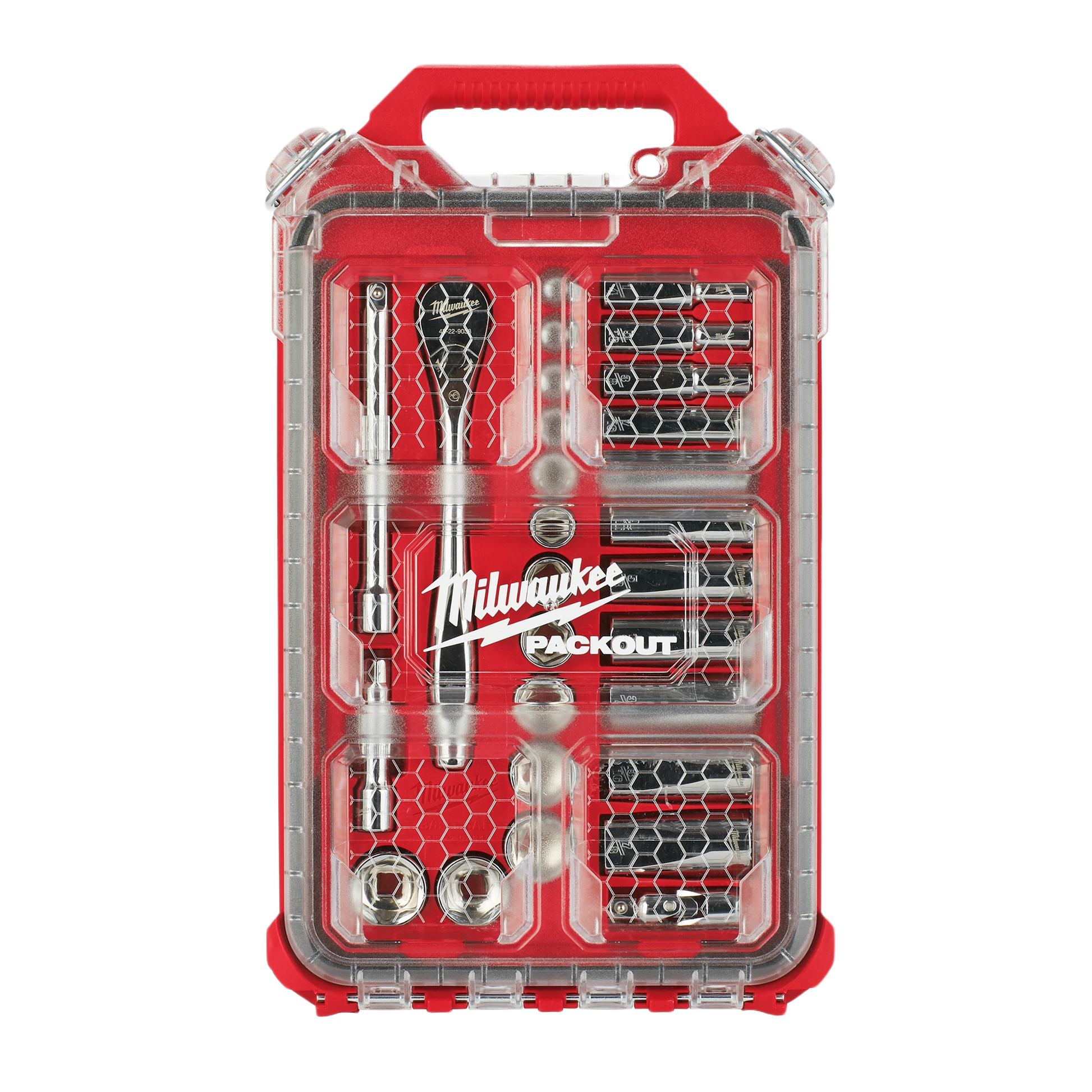 Compact red PACKOUT tool organizer with ratchet, extensions, and multiple socket sizes for home improvement use