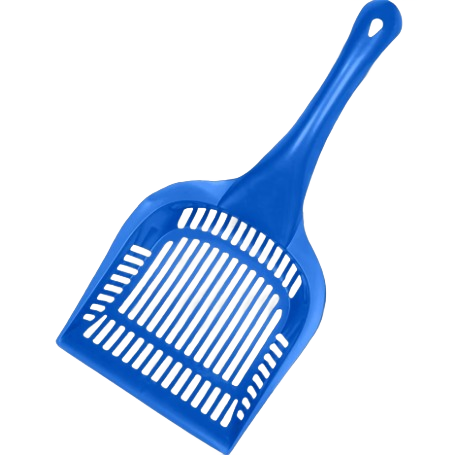 Large blue plastic litter scoop with slotted base and ergonomic handle for pet care and home maintenance tasks