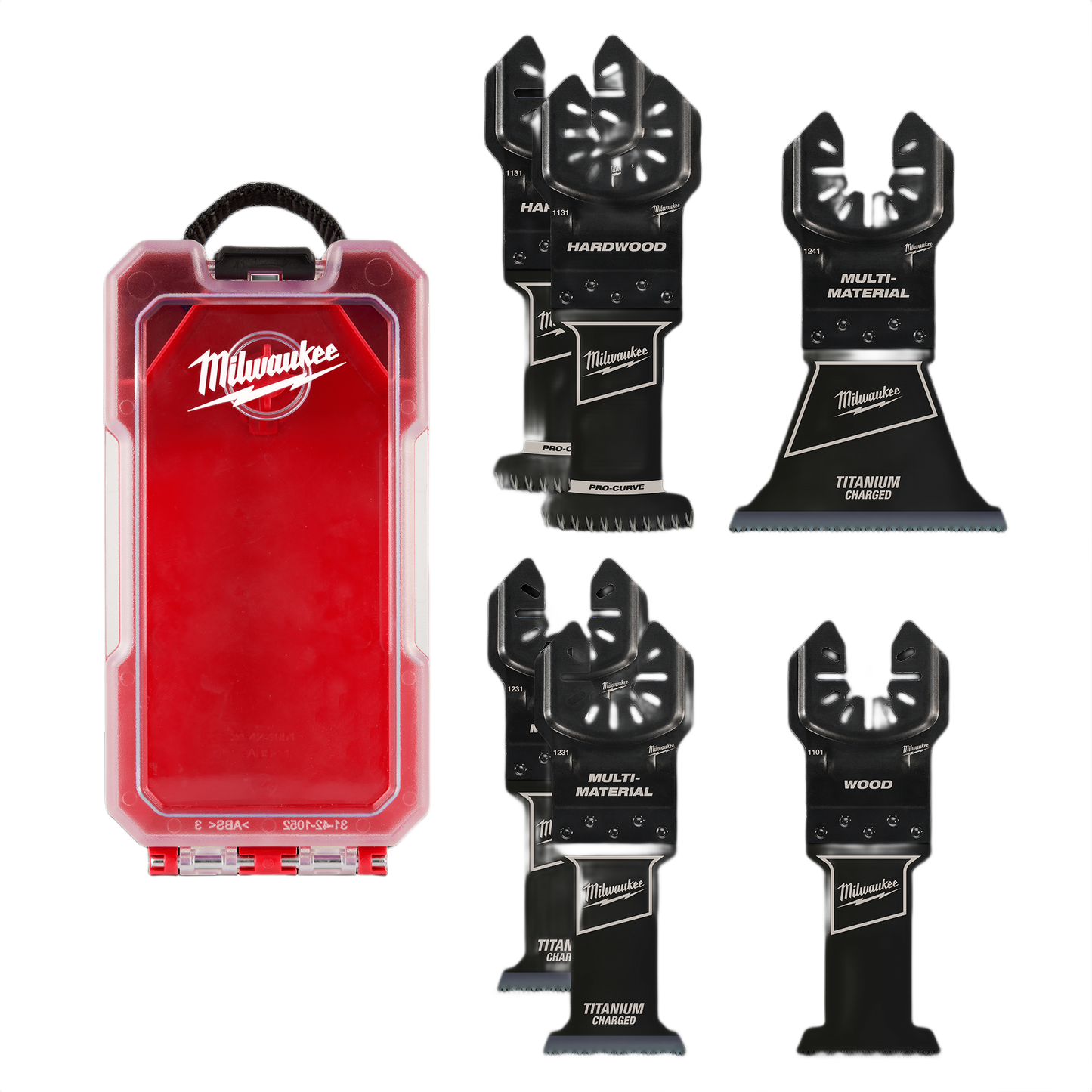 Set of five black multi-tool blades with titanium coating and red plastic storage case for home improvement use