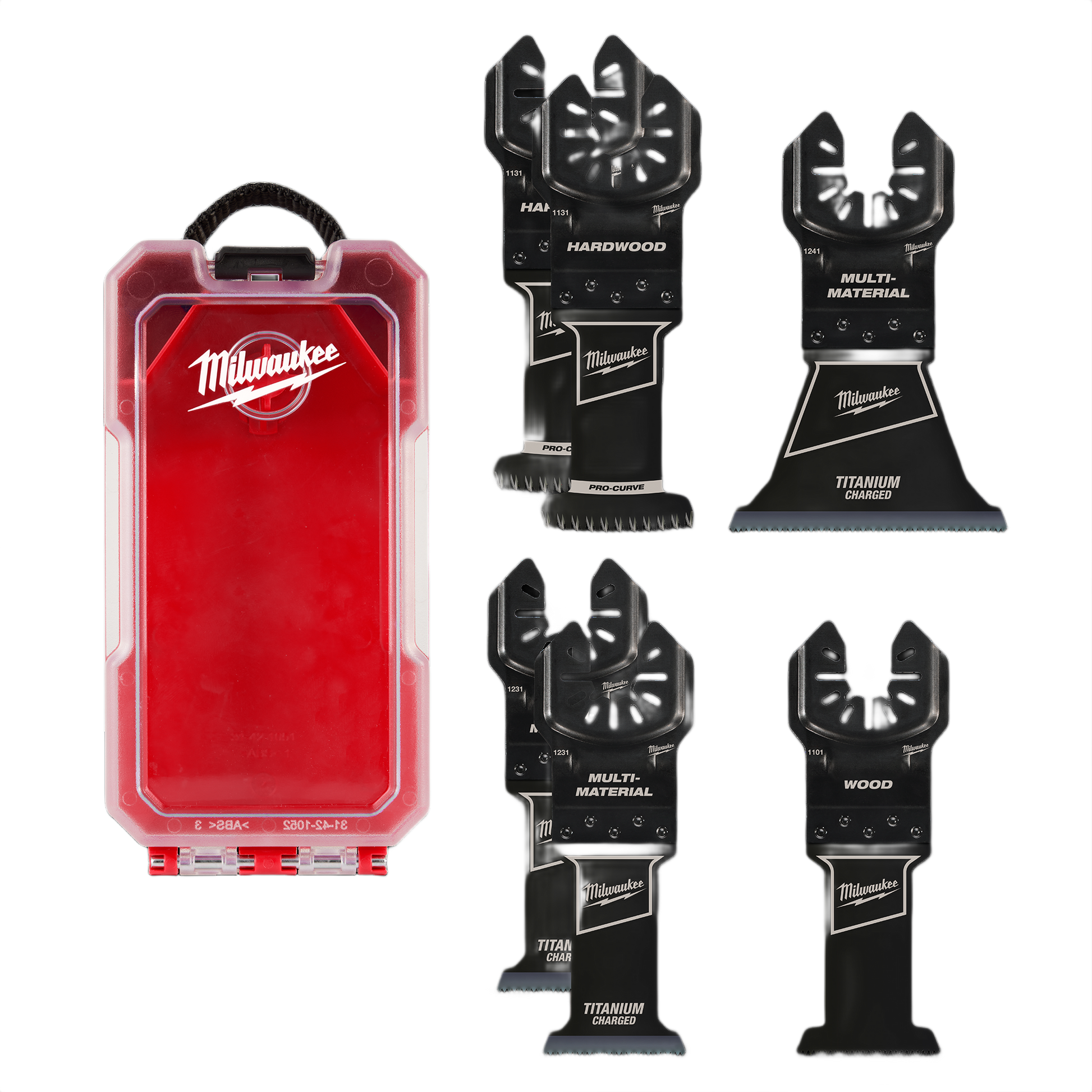 Set of five black multi-tool blades with titanium coating and red plastic storage case for home improvement use