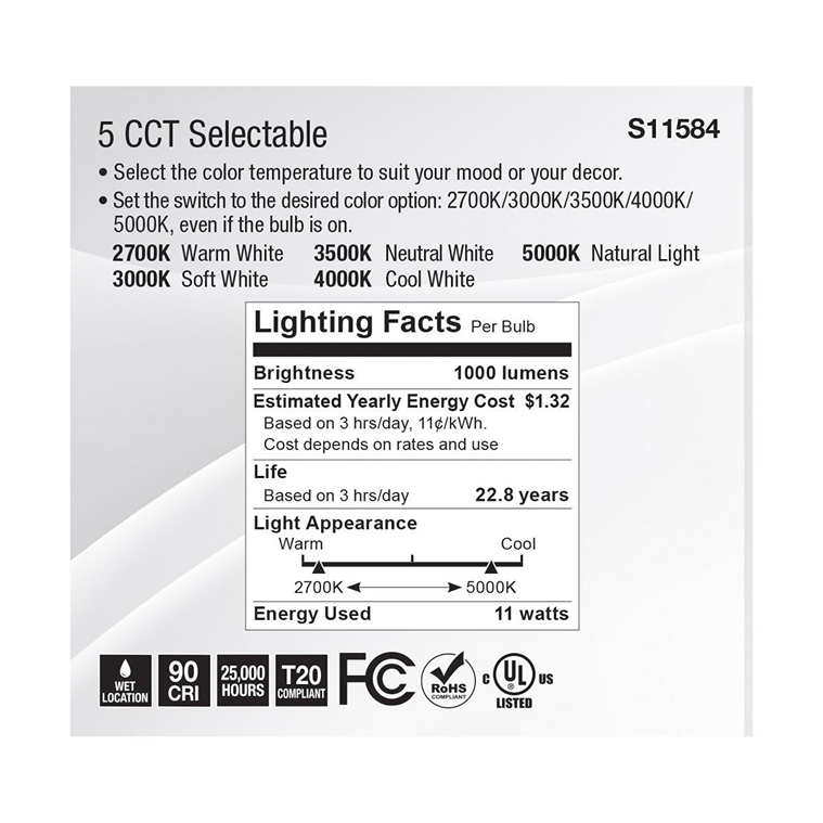Lighting facts label showing 5 color temperatures, 1000 lumens brightness, 11 watt energy use, and 22.8 years life expectancy