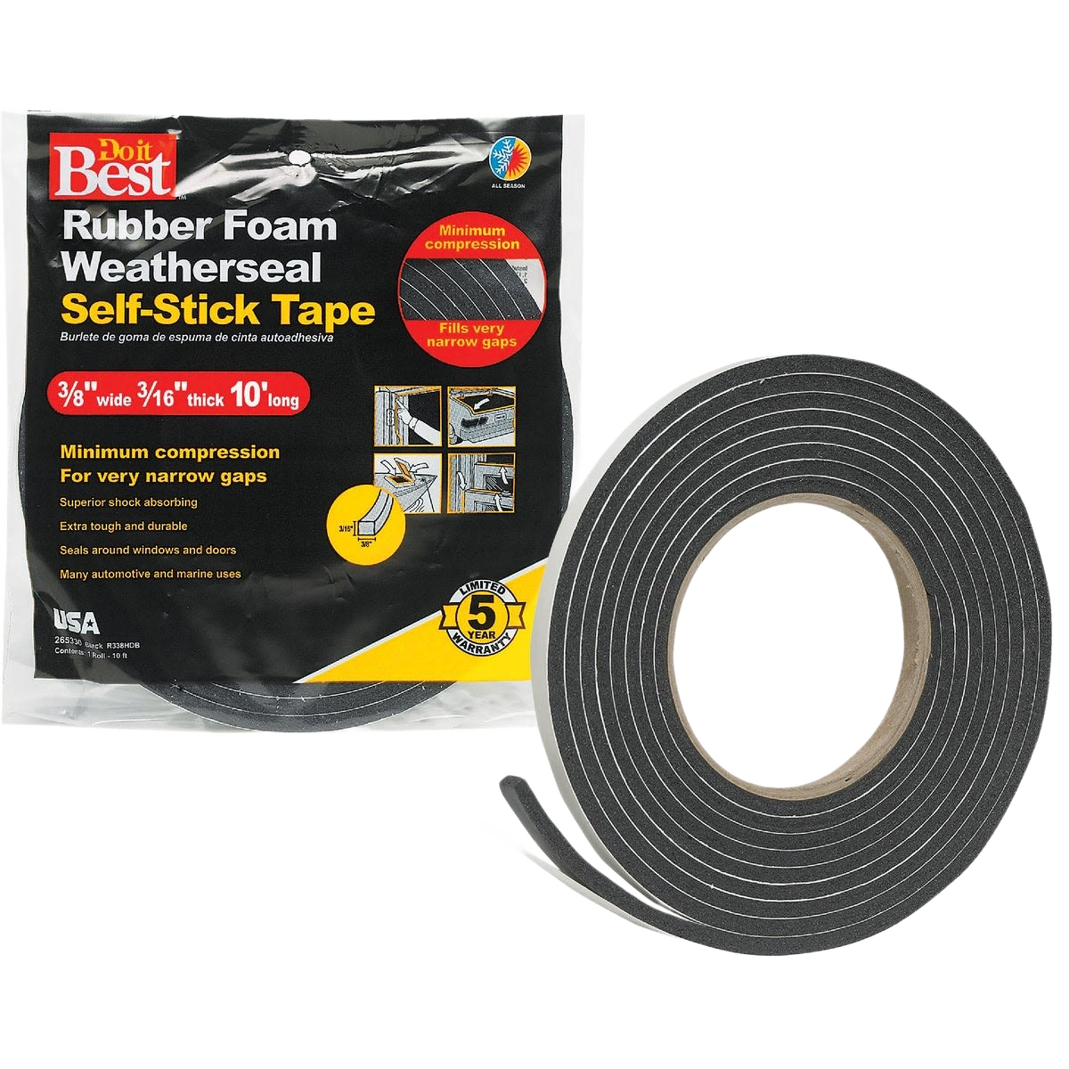 Black foam weatherstrip tape roll with self-adhesive backing for sealing narrow gaps in home improvement hardware projects