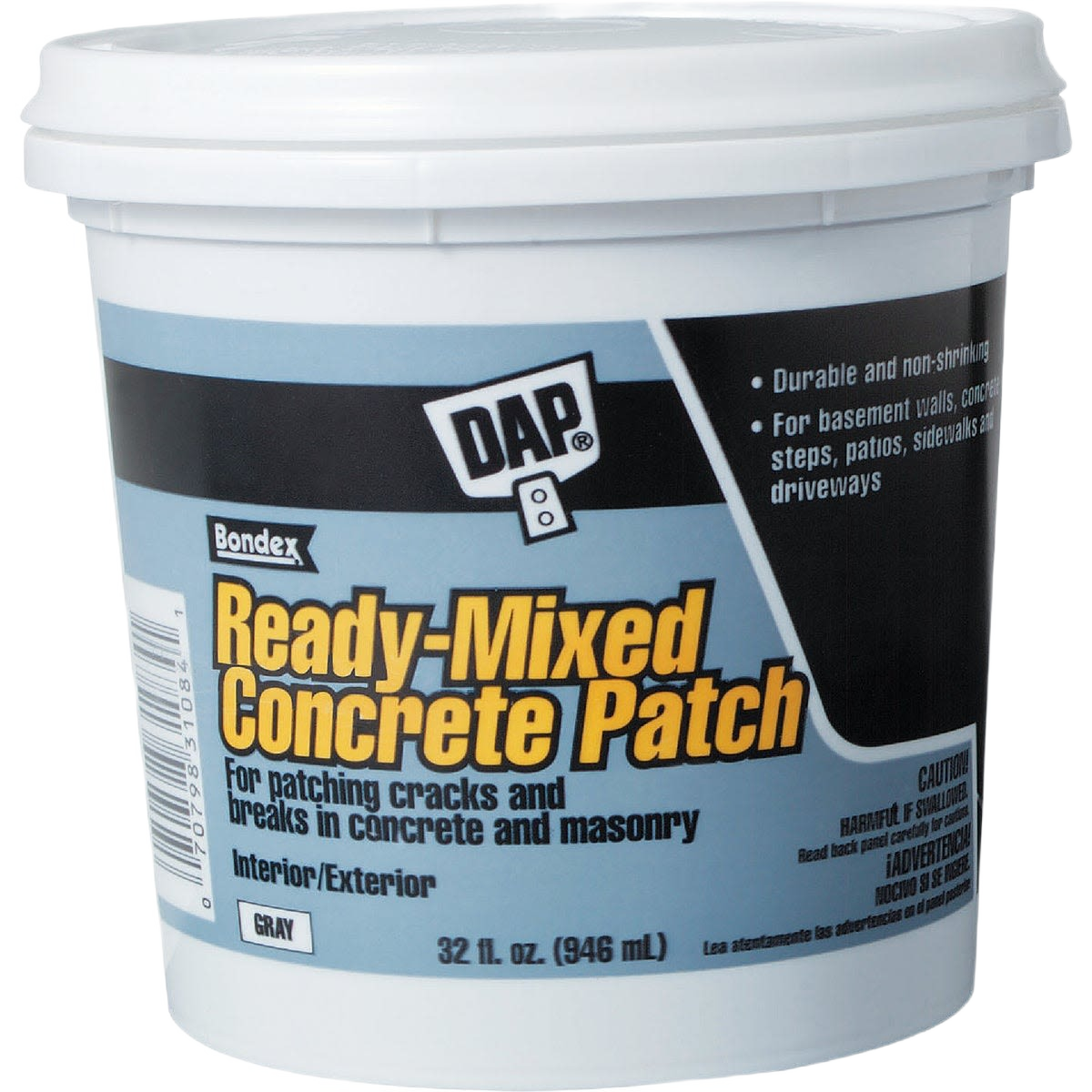 Quart container of gray ready-mixed concrete patch for durable repairs in sand paper and patching collections
