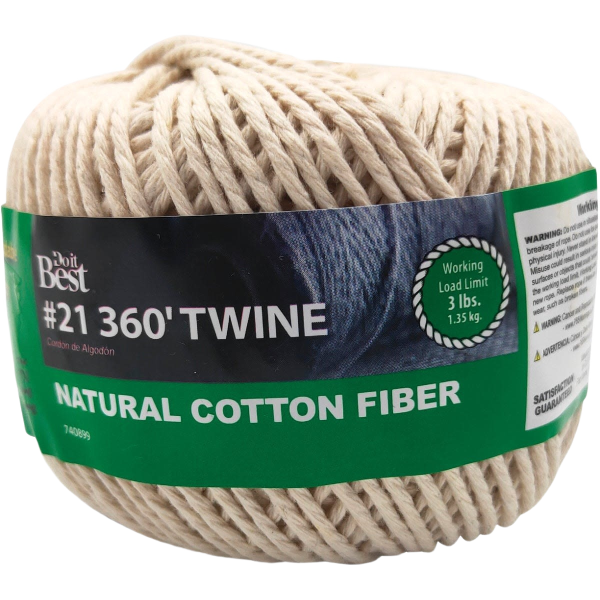 Natural cotton fiber twine ball labeled with strength and length for tools and home improvement projects