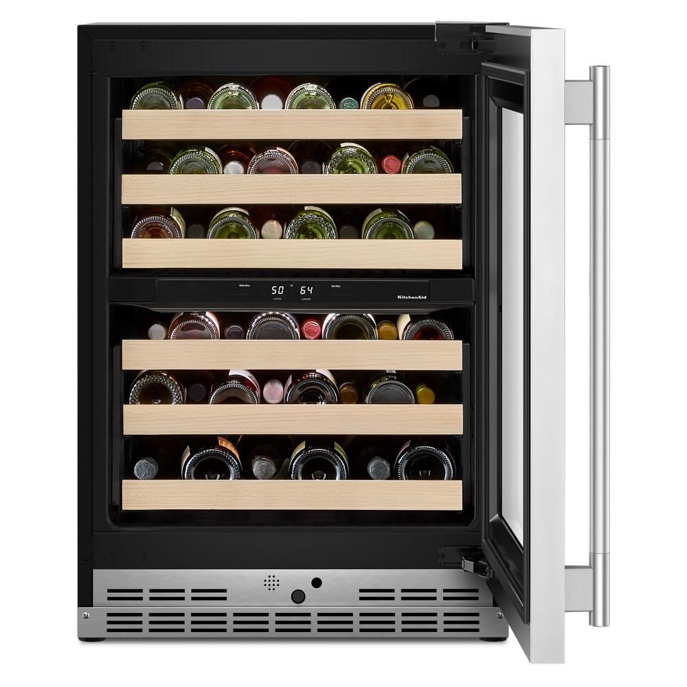 Undercounter wine cellar with wood-front racks, stainless steel accents, digital display, and open glass door showing bottles inside