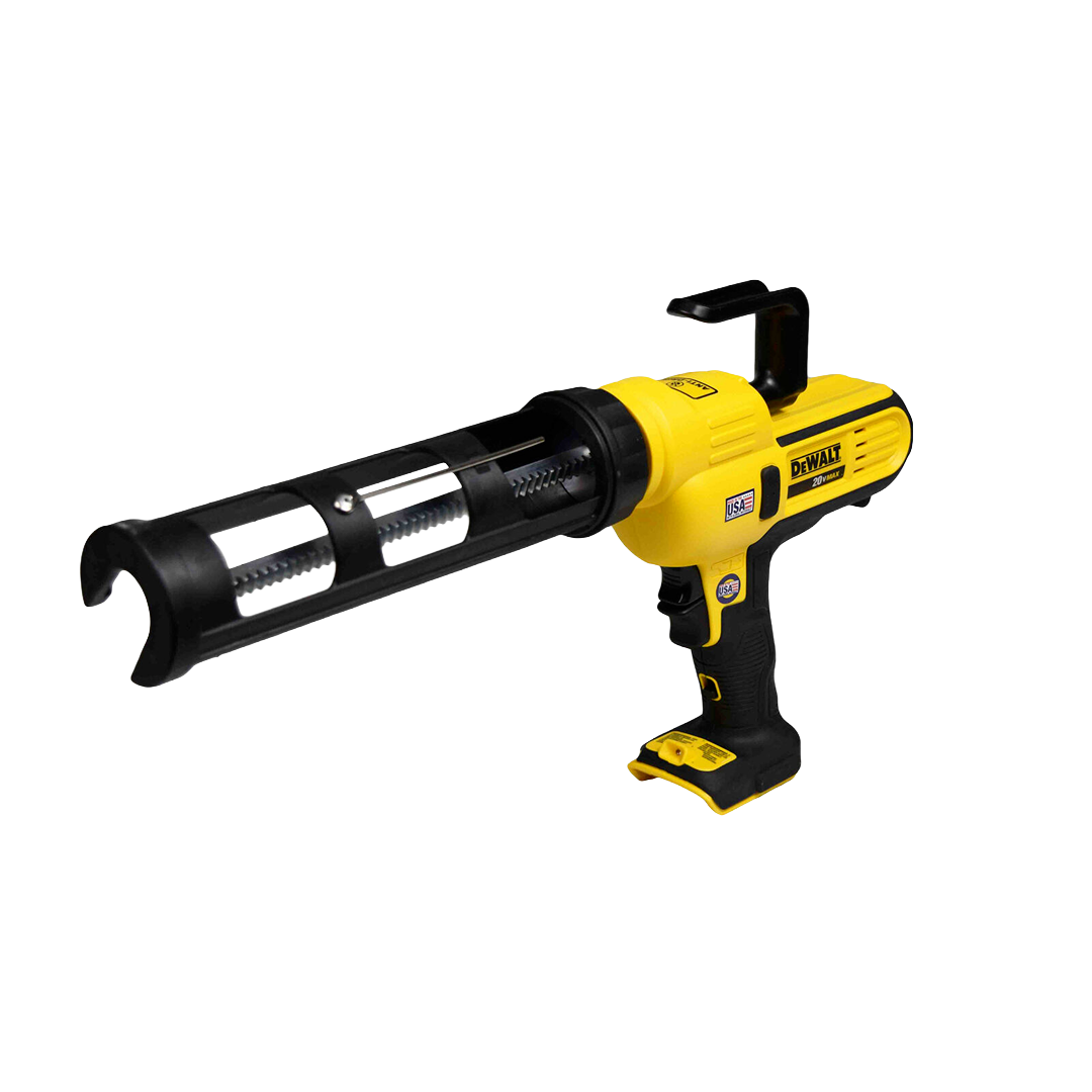 Cordless yellow and black adhesive gun with variable speed trigger and adjustable flow dial for precise application in power tools use