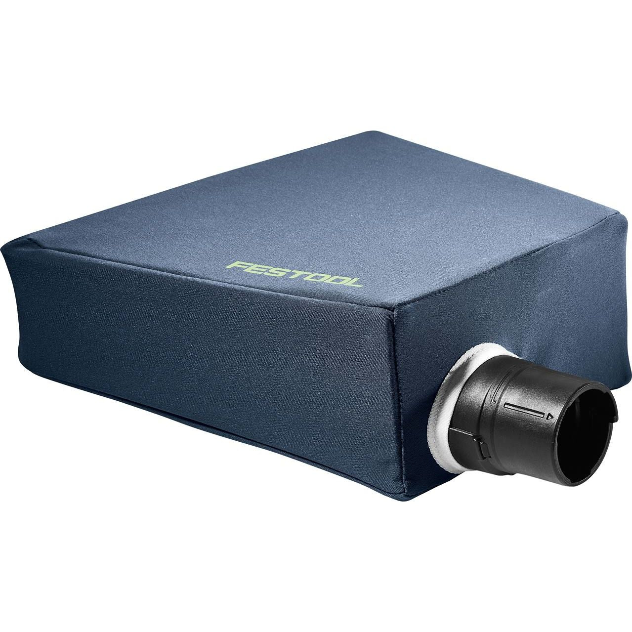Dark gray fabric dust collection bag with plastic connector for power tool debris containment in home improvement tasks