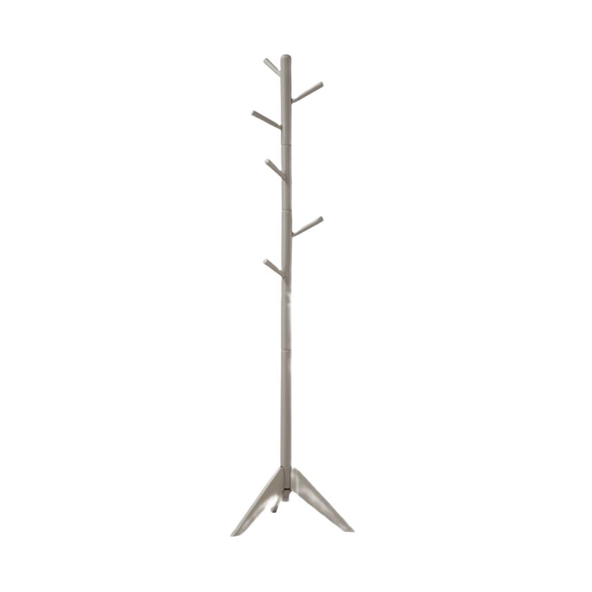 Tall gray wooden coat rack with six angled hooks and tripod base for organizing outerwear in home spaces
