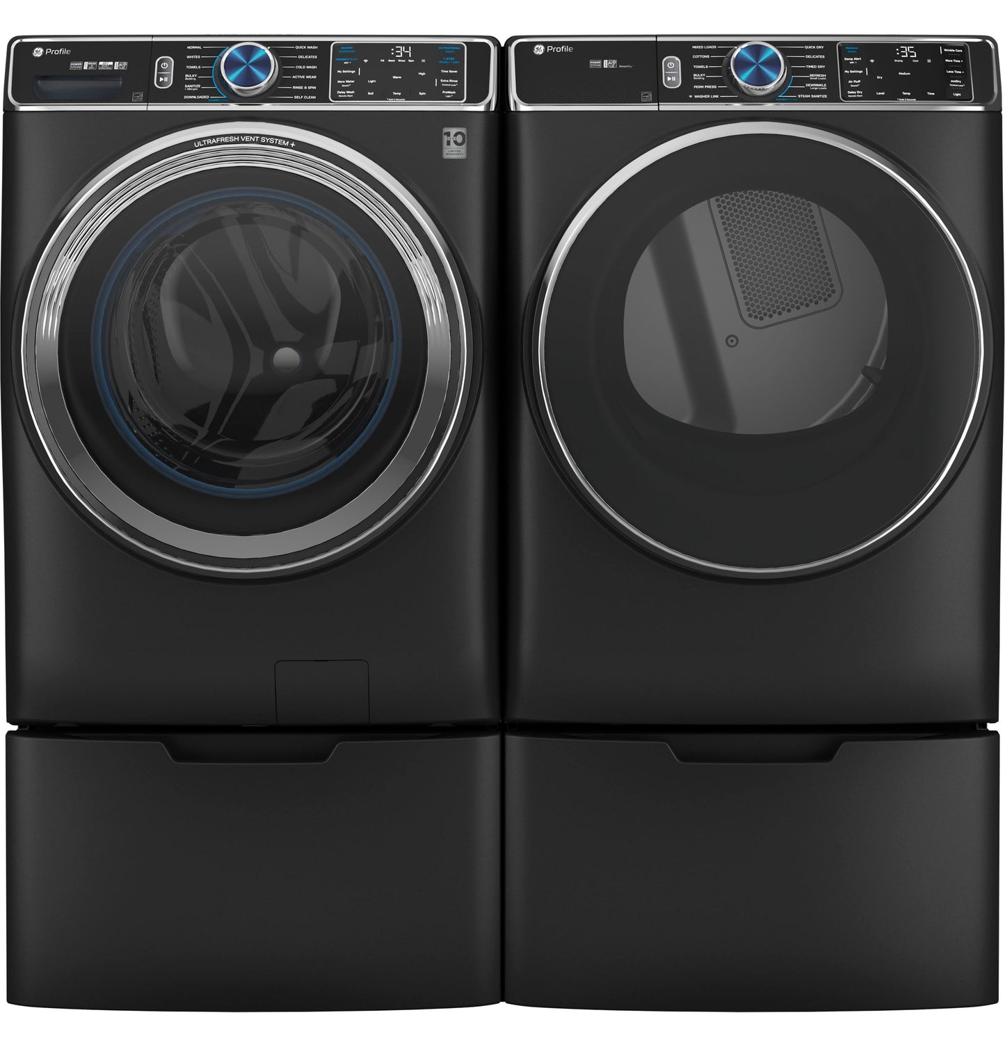 Black front-load washer and dryer set with digital displays and blue-lit control knobs on matching laundry pedestals