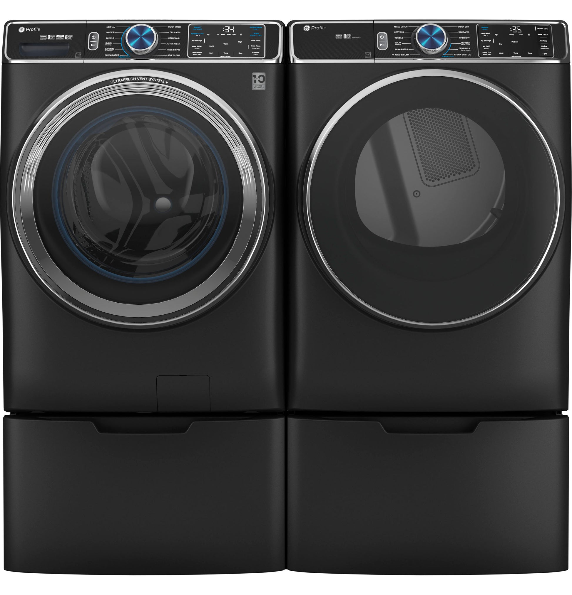 Black front-load washer and dryer set with digital displays and blue-lit control knobs on matching laundry pedestals