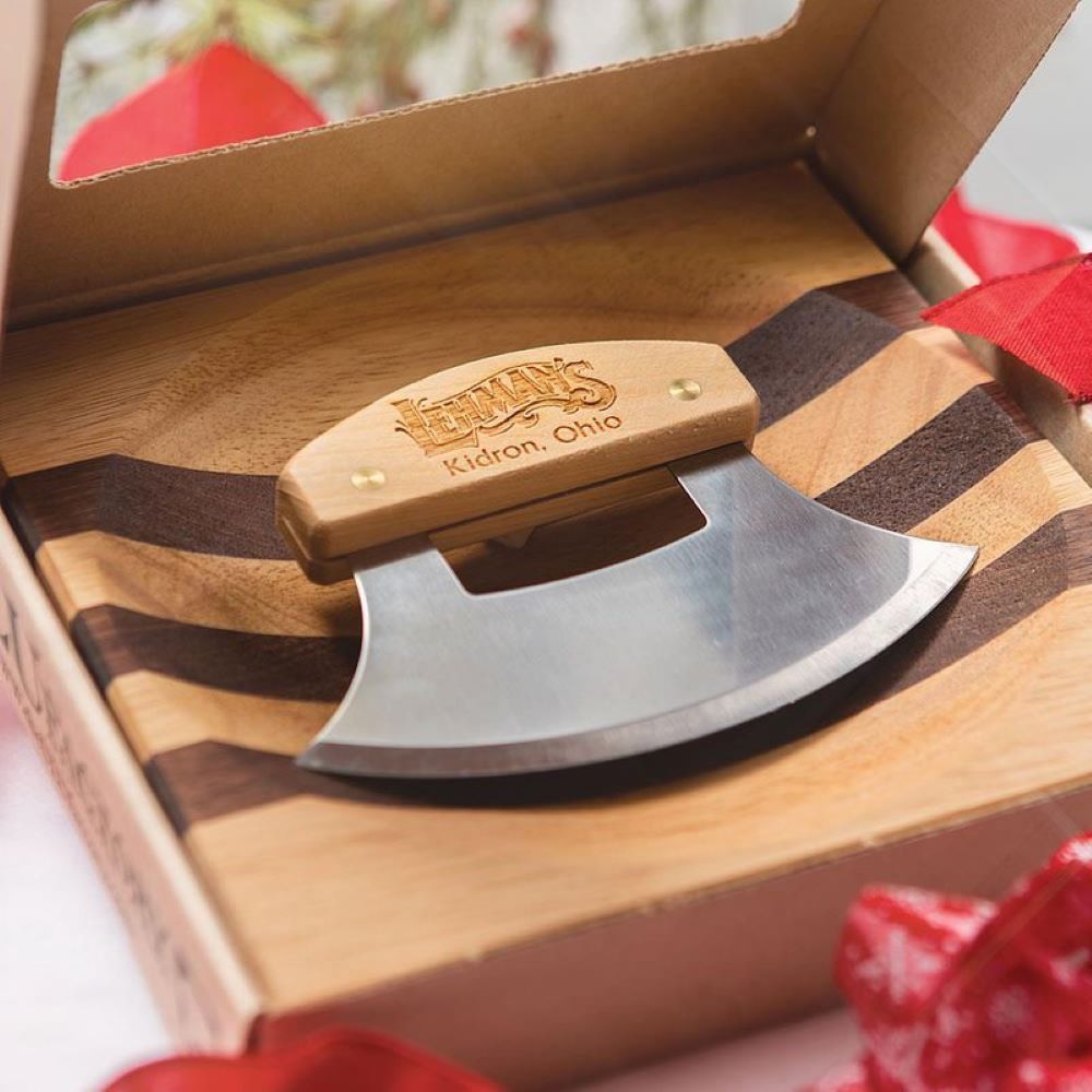 Half-moon stainless steel ulu knife with wooden handle engraved in wooden bowl from kitchenware and kitchen gadgets collection