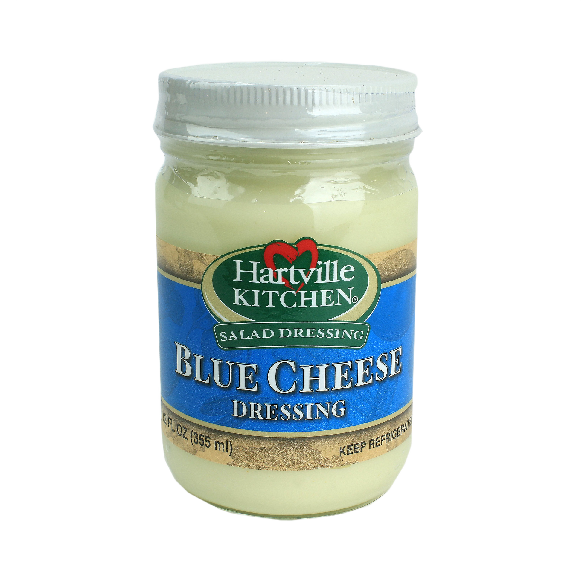 Glass jar of Hartville Kitchen blue cheese salad dressing with blue and green label from refrigerated food collection