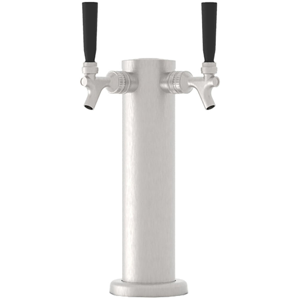 Stainless steel double tap tower with black handles for beverage dispensing, suitable for beverage centers and kitchen appliances collections.