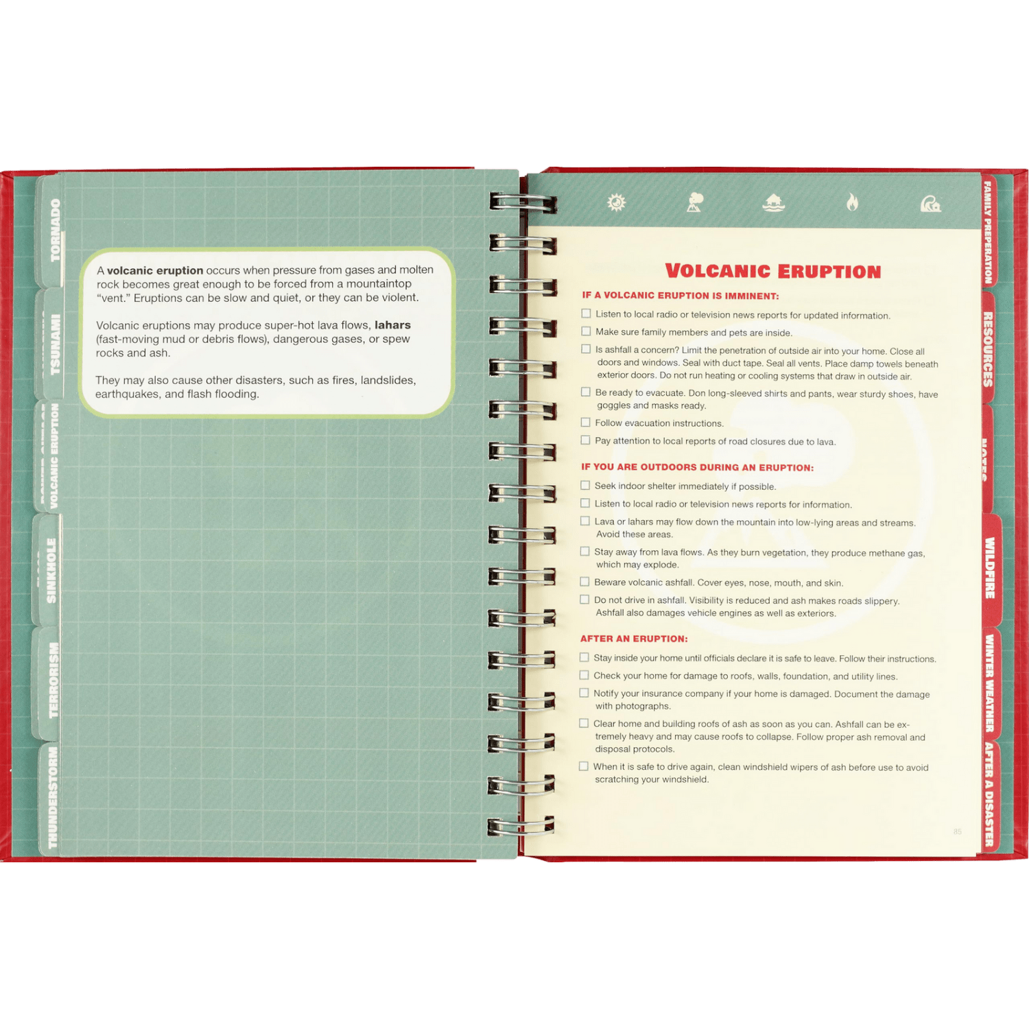 Open Emergency Preparedness Logbook showing detailed volcanic eruption safety tips from Books and Under $50 collections