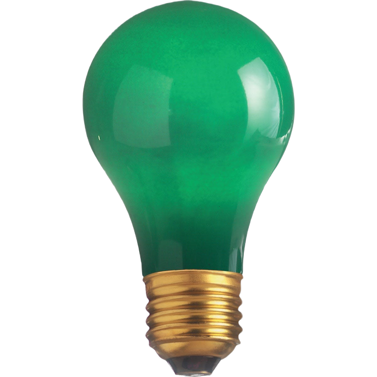 Green party light bulb with standard A19 shape and brass screw base for lighting and home improvement projects