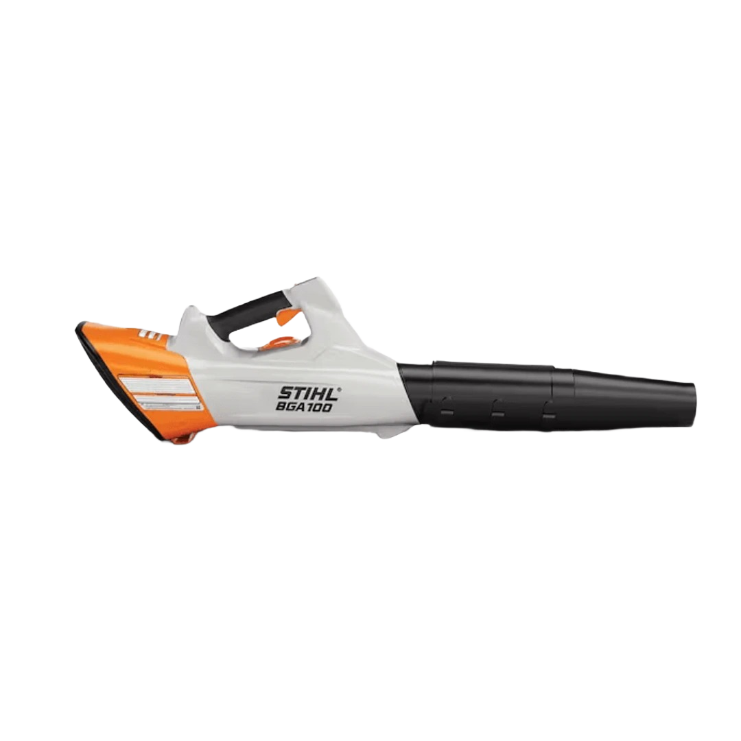 Compact handheld battery blower with ergonomic handle and white and orange casing for outdoor cleaning tasks